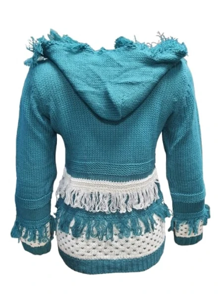 Pink Apple P00130 Kadın El Örgü Önü Püsküllü Kapüşonlu Hırka - Resim 2