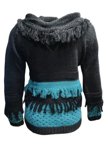 Pink Apple P00130 Kadın El Örgü Önü Püsküllü Kapüşonlu Hırka - Resim 4