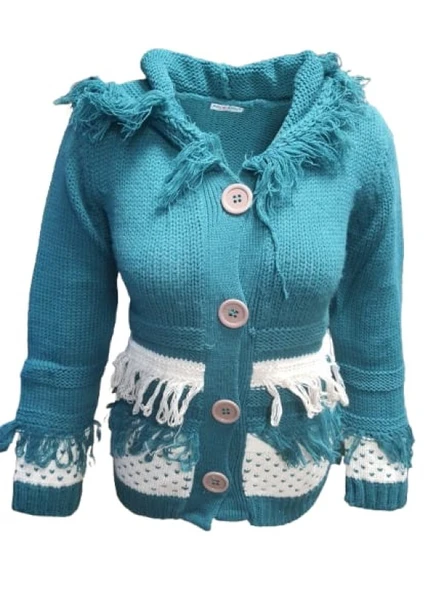 Pink Apple P00130 Kadın El Örgü Önü Püsküllü Kapüşonlu Hırka ürün görseli