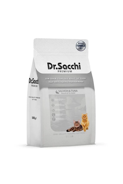 Dr.Sacchi Premium Düşük Tahıllı Somonlu ve Ton Balıklı Kısırlaştırılmış Kedi Maması 1 Kg