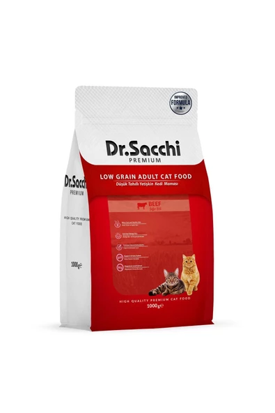 Dr.Sacchi Premium Düşük Tahıllı Sığır Etli Yetişkin Kedi Maması 1 Kg