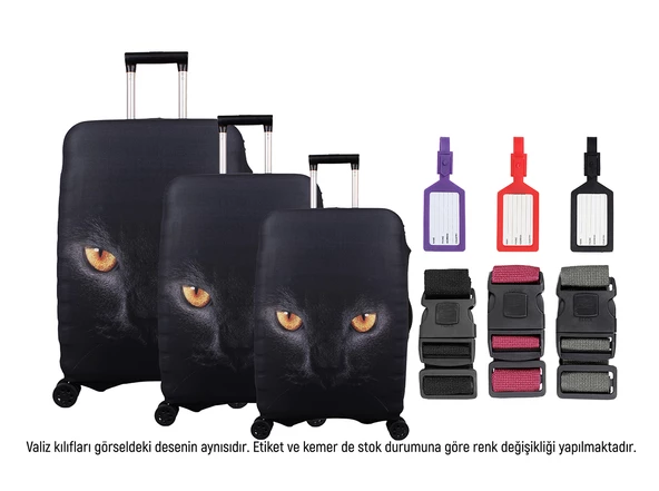 Bagacar Cat 3lü Set Valiz Kılıfı, 3 lü Valiz Kemeri, 3lü Valiz Etiketi