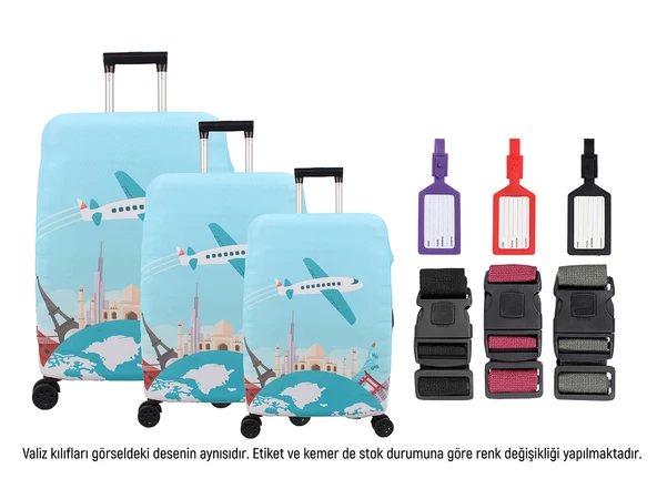 Bagacar Plane 3lü Set Valiz Kılıfı, 3 lü Valiz Kemeri, 3lü Valiz Etiketi