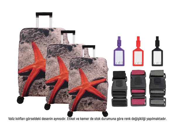 Bagacar Deniz Yıldızı 3lü Set Valiz Kılıfı, 3 lü Valiz Kemeri, 3lü Valiz Etiketi ürün görseli
