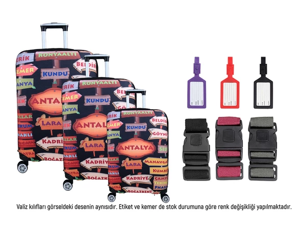 Bagacar Şehirler2 3lü Set Valiz Kılıfı, 3 lü Valiz Kemeri, 3lü Valiz Etiketi ürün görseli