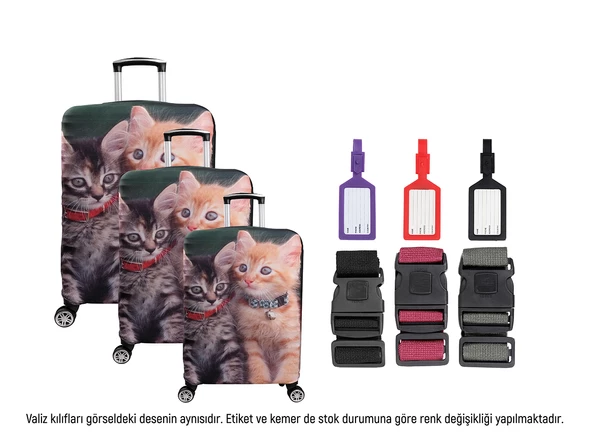 Bagacar Kediler 3lü Set Valiz Kılıfı, 3 lü Valiz Kemeri, 3lü Valiz Etiketi - 1