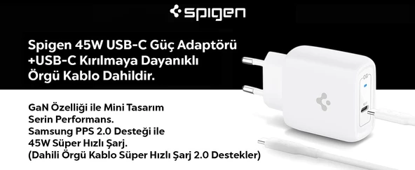 Spigen 45W USB-C Hızlı Şarj Aleti + Örgü Şarj Kablo Samsung PPS 2.0 / Isı Düşürücü GaN Destekli Akım Korumalı Güç Adaptörü Super