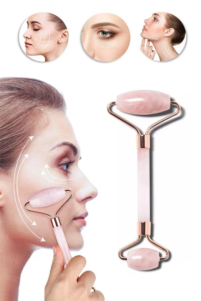 QNİAY Çift Taraflı Jade Roller Yüz Masaj Aleti Pembe Kuvars