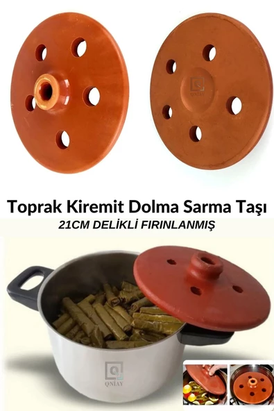 QNİAY Kiremit Toprak Dolma Sarma Taşı Kapağı Büyük 21cm Sırlı Delikli Fırınlanmış Yaprak Sarma Dolma Taşı