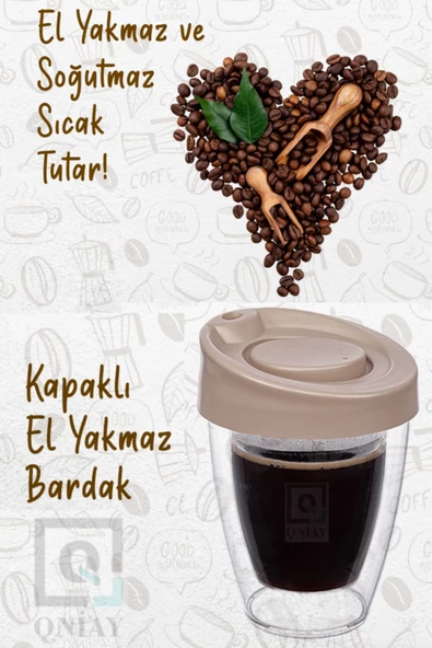 QNİAY Çift Cidarlı Kapaklı El Yakmaz Bardak Termos Double Wall Espresso Coffe Latte - Resim 2