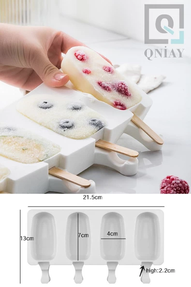 QNİAY Silikon Dondurma Kalıbı Magnum Modeli 4'lü - 50 Adet Tahta Çubuk Hediye - 8
