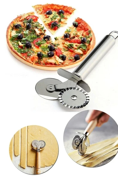 QNİAY Çelik Çift Başlıklı Pizza Mantı Hamur Kesici Kesme Bıçağı Hamur Ruleti - 2
