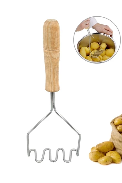 QNİAY Ahşap Saplı Pratik Patates Ezeceği Paslanmaz Çelik Chef Patates Ezici Patates Püresi Yapıcı