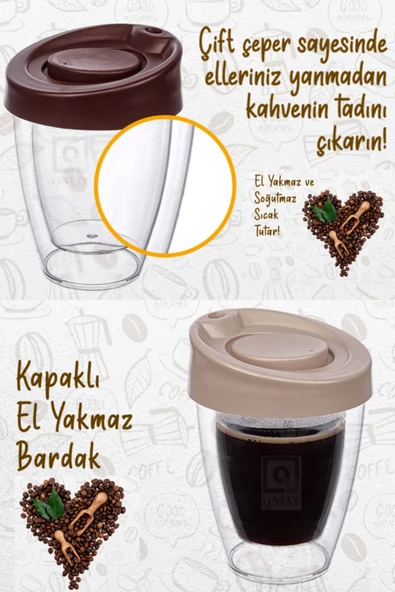 QNİAY Çift Cidarlı Espresso Kahve Bardağı Kapaklı El Yakmaz Bardak Americano Latte Coffe Çay - 2