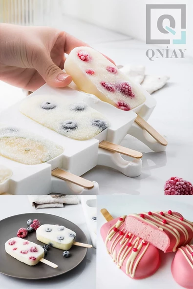 QNİAY Silikon Dondurma Kalıbı Magnum Modeli 4'lü - 50 Adet Tahta Çubuk Hediye - 2