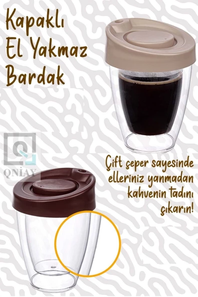 QNİAY Çift Cidarlı Espresso Kahve Bardağı Kapaklı El Yakmaz Mika Bardak Ev Ofis Kamp Seyahat Termos