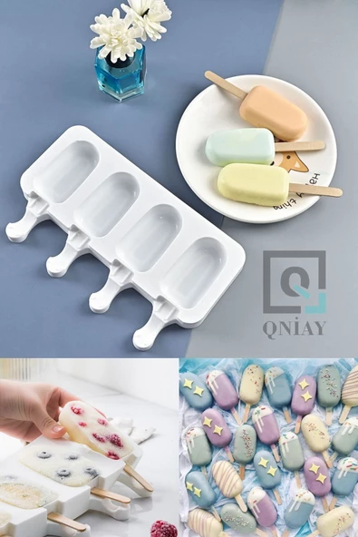 QNİAY Silikon Dondurma Kalıbı Magnum Modeli 4'lü - 50 Adet Tahta Çubuk Hediye - 4