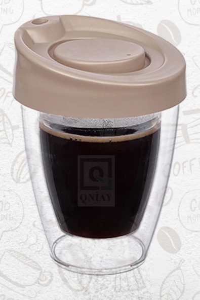 QNİAY Çift Cidarlı Espresso Kahve Bardağı Kapaklı El Yakmaz Bardak Americano Latte Coffe Çay