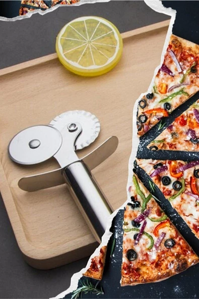 QNİAY Çelik Çift Başlıklı Pizza Mantı Hamur Kesici Kesme Bıçağı Hamur Ruleti - 3