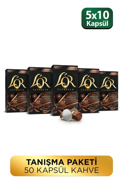 L'OR - Çikolata Aromalı Nespresso Uyumlu 10 Adet Alüminyum Kapsül Kahve x 5 Adet