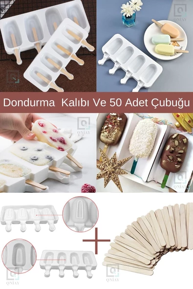 QNİAY Silikon Dondurma Kalıbı Magnum Modeli 4'lü - 50 Adet Tahta Çubuk Hediye - 3