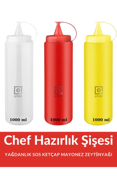 QNİAY Chef Renkli Hazırlık Şişesi (3 Adet) Kapaklı 1000 Ml Salata Zeytinyağı Ketçap Mayonez Sıkma Sosluk