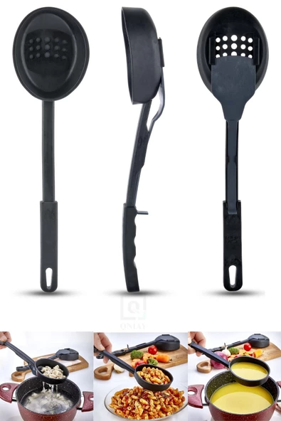 QNİAY Süzgeçli Kevgir 3'ü 1 Arada Servis Seti - Kepçe Kevgir Kaşık 3'ü Bir Arada Servis Seti Pratik Süzgeç ürün görseli 1