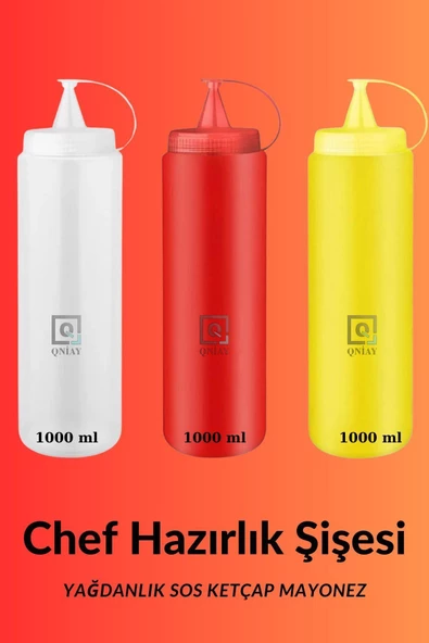 QNİAY 3lü Set Renkli Sosluk Yağdanlık 1000 ml Pratik Süsleme Sıkma Yağdanlık Ketçap Hardal Mayonez - 5