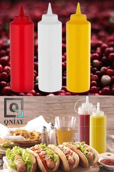 QNİAY 3lü Set Renkli Sosluk Yağdanlık 1000 ml  Pratik Süsleme Sıkma Yağdanlık Ketçap Hardal Mayonez - 2
