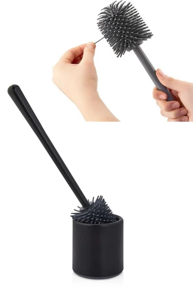 QNİAY Siyah Antibakteriyel Silikon Uçlu Oval Tuvalet Fırçası Seti Tuvalet Ve Klozet Temizleme Fırçası - Resim 3