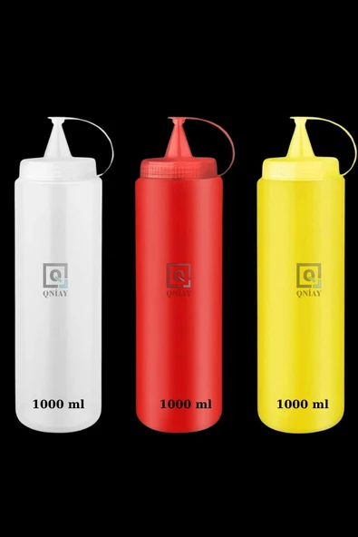 QNİAY 3lü Set Renkli Sosluk Yağdanlık 1000 ml Pratik Süsleme Sıkma Yağdanlık Ketçap Hardal Mayonez