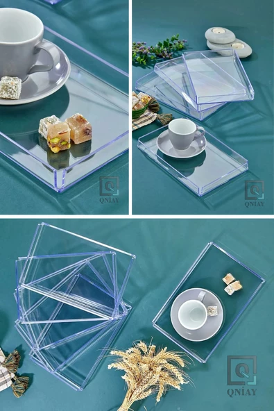QNİAY Şeffaf Tepsi 14x22cm Kristal Sunum Tepsisi (1 ADET) Kahve Sunum Dekoratif Özel Seri Tepsi Pleksi