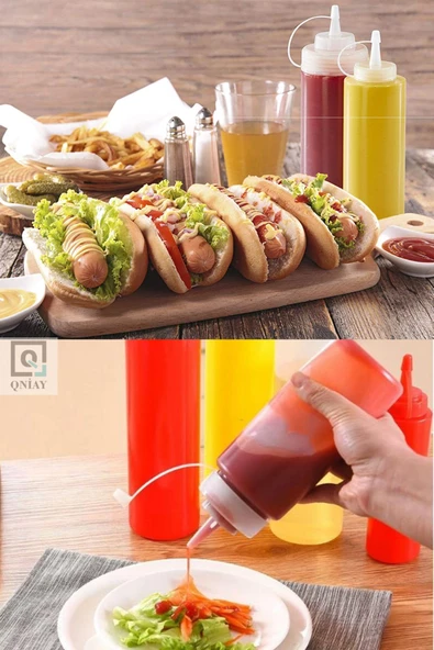 QNİAY Chef Hazırlık Şişesi (2 Adet) Kapaklı Salata Sosu Zeytinyağı Ketçap Mayonez Sıkma Sosluk 400 Ml - 2