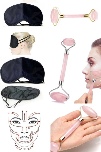 QNİAY 2li Set Pembe Kuvars Jade Roller | Gençlik Sırrı + Göz Uyku Bandı Premium Pembe Yüz Masaj Aleti