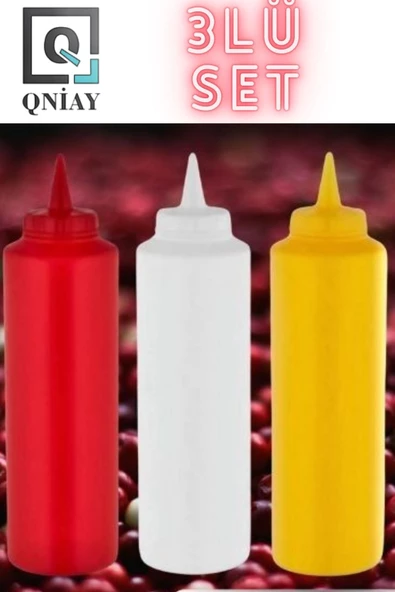 QNİAY 3lü Set Renkli Sosluk Yağdanlık 1000 ml  Pratik Süsleme Sıkma Yağdanlık Ketçap Hardal Mayonez - 4