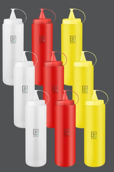 QNİAY 3lü Set Renkli Sosluk Yağdanlık 1000 ml Pratik Süsleme Sıkma Yağdanlık Ketçap Hardal Mayonez - 3