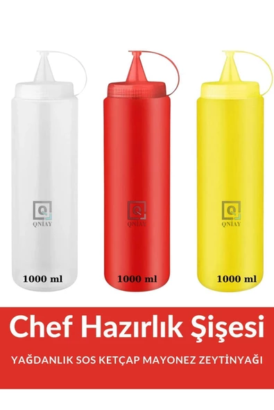 QNİAY 3lü Set Renkli Sosluk Yağdanlık 1000 ml Pratik Süsleme Sıkma Yağdanlık Ketçap Hardal Mayonez - 6
