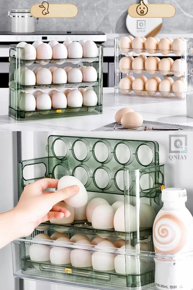 QNİAY 3 Katlı Raf Yumurta Saklama Kutusu Buzdolabı Yan Kapı Organizer Buz Dolabı Için Yumurta Rafı - Resim 4