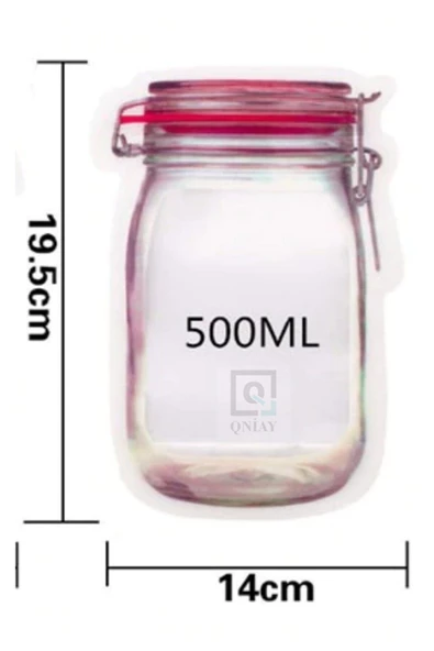 QNİAY Kavanoz Görünümlü (1 Adet) Kilitlenebilir Buzdolabı Saklama Poşeti 500 Ml Çıtçıtlı Poşet - Resim 2