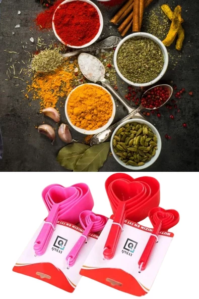 QNİAY 8'li Kalp Ölçü Kaşığı  Baharat Kaşığı Çay Kahve Şeker Un Baharatlık Ölçü Kaşığı Seti - 2