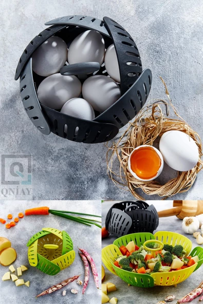 QNİAY New Pratik Lüx Yumurta Pişirme Haşlama Sepeti Katlanabilir Diyet Sağlıklı Sebze Meyve Gıda Haşlama - Resim 3