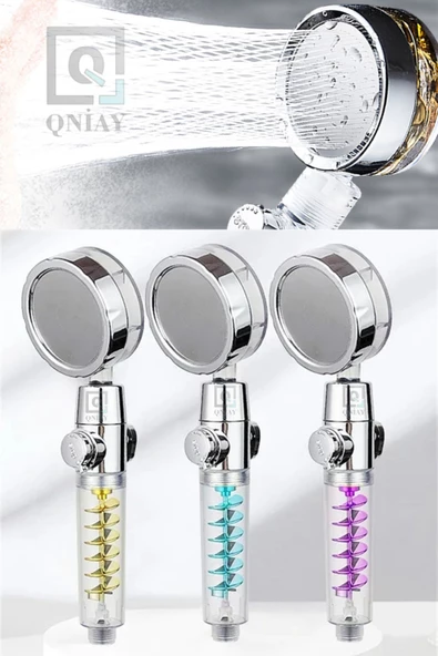 QNİAY Yeni Çift Pervaneli Turbo Fanlı Duş Başlığı Su Tasarruflu (Yeni Nesil) Yağmurlama Stop Düğmeli Banyo - Resim 3
