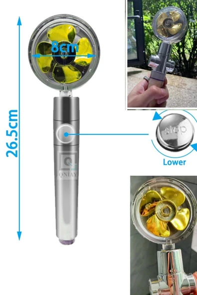 QNİAY Turbo Duş Başlığı Basınçlı Yağmurlama Stop Düğmeli Asorti Renk Pervaneli Su Tasarruflu Banyo Başlık - 3