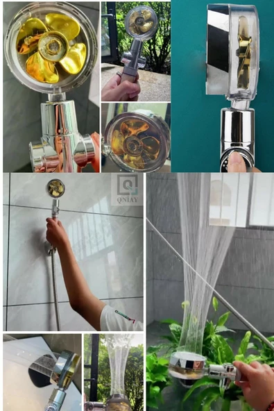 QNİAY Duş Başlığı Turbo Gold Pervaneli New Tasarım Start Stop Tuşu Duş Başlığı 360 Derece Döner