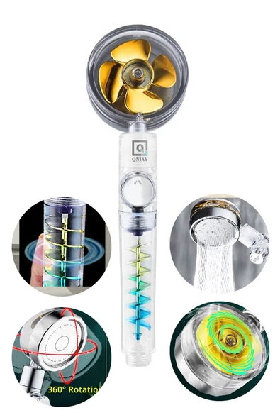 QNİAY Yeni Çift Pervaneli Turbo Fanlı Duş Başlığı Su Tasarruflu (Yeni Nesil) Yağmurlama Stop Düğmeli Banyo - Resim 8