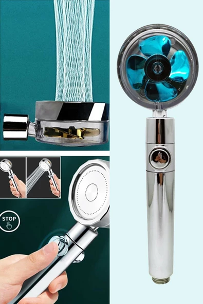 QNİAY Pervaneli Turkuaz Jet Oynar Kafalı Duş Başlığı Start Stop ürün görseli