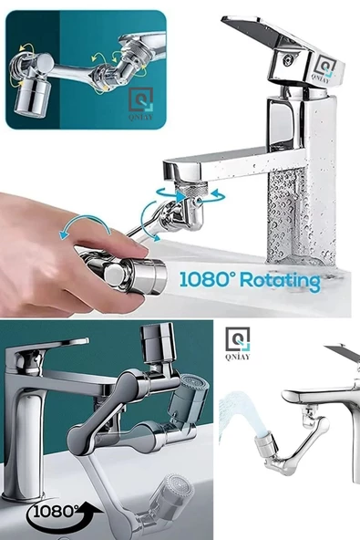 QNİAY Musluk Başlığı 1080 Derece Dönebilen Krom Kaplama 2 Mod Robotik Kol Musluk Başlığı