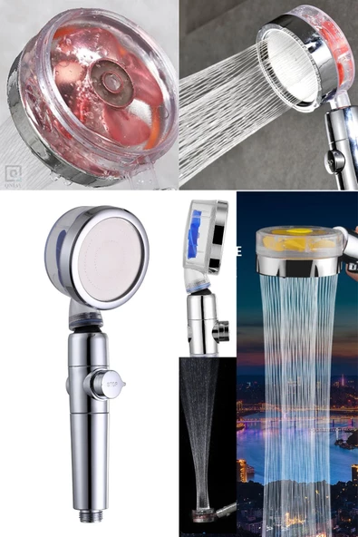 QNİAY Newqualty Fanlı Duş Başlığı Basınçlı Yağmurlama Stop Düğmeli Mavi Pervaneli Su Tasarruflu Duş Başlık - 2