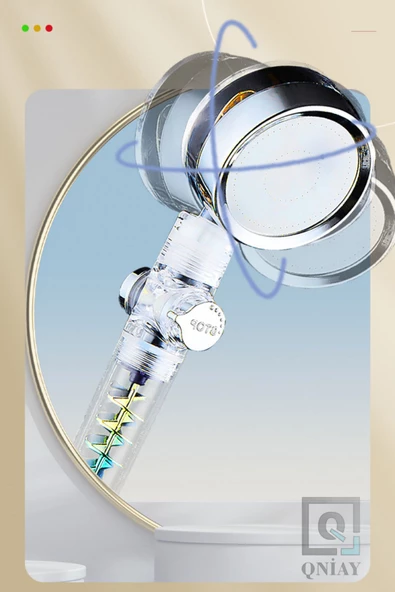 QNİAY Yeni Çift Pervaneli Turbo Fanlı Duş Başlığı Su Tasarruflu (Yeni Nesil) Yağmurlama Stop Düğmeli Banyo - Resim 6