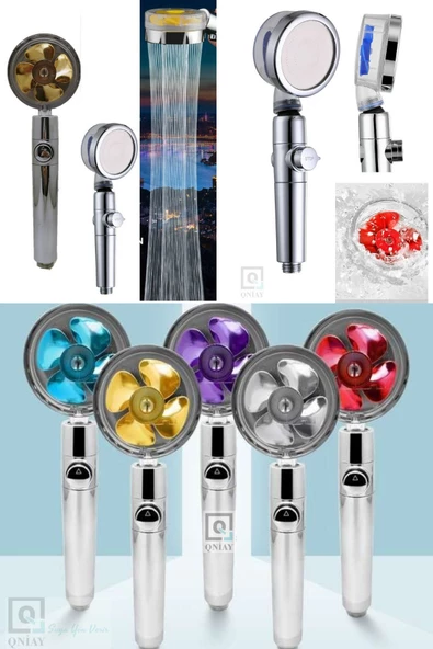 QNİAY Duş Başlığı Turbo Sarı Pervaneli New Tasarım Start Stop Tuşu Duş Başlığı 360 Derece Döner - Resim 2